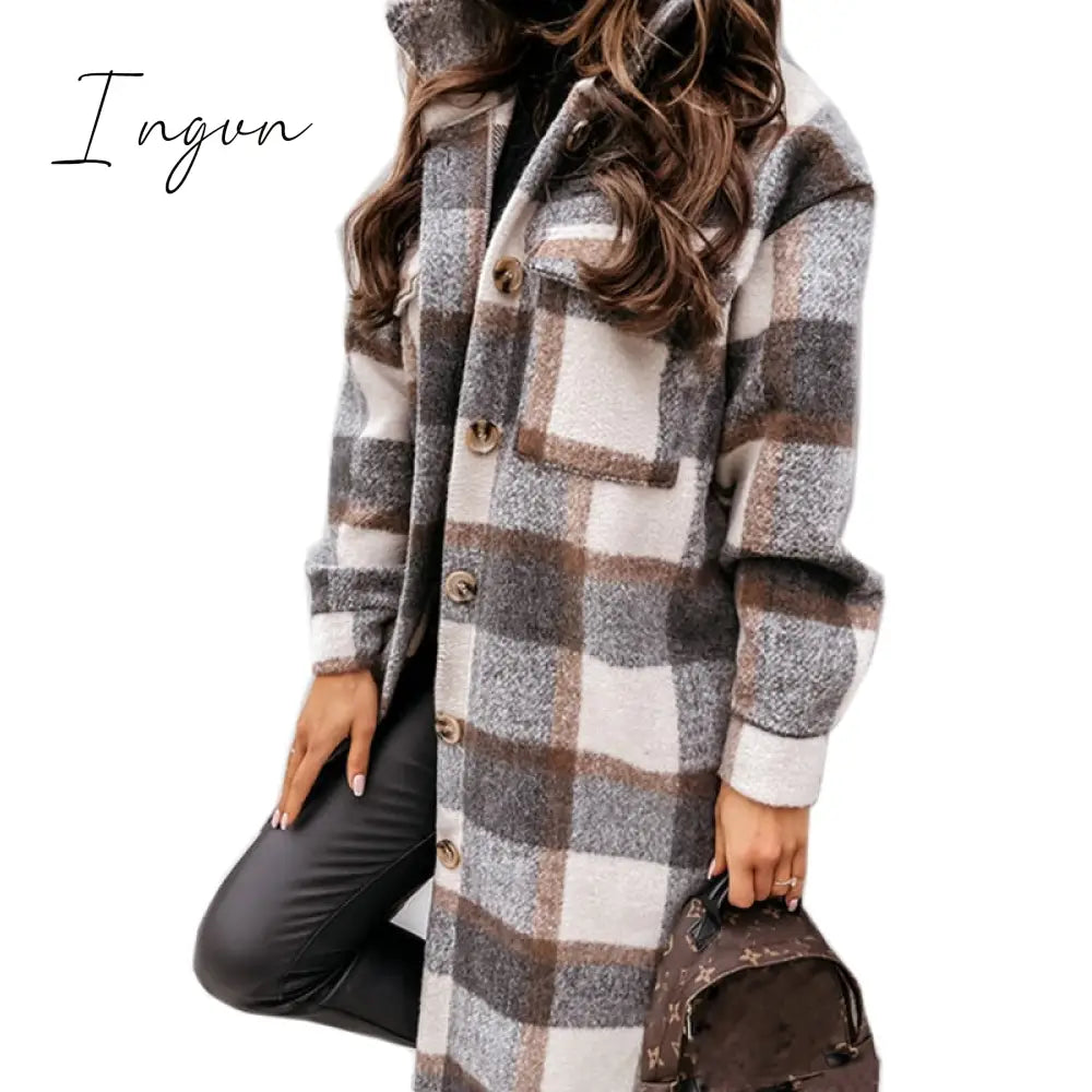 Ingvn - Lapel Single-breasted Double-pocket Plaid Coat