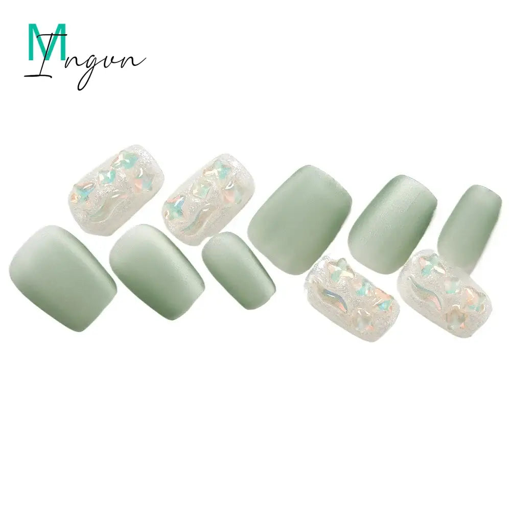 Frosted Mint Green Handmade Nails Spring Cat Eye Short Nails Press on Full Cover Acrylic Nails Art Stick on Tips Accessories