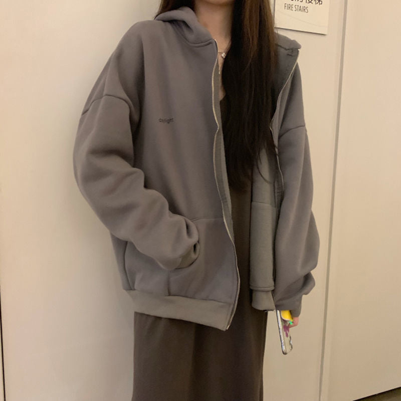 VOGUABLE  Women Hoodies Harajuku Korean Version Zip Up Loose Oversized Sweatshirts Casual Solid Color Long Sleeve Hooded Sweatshirt Coats