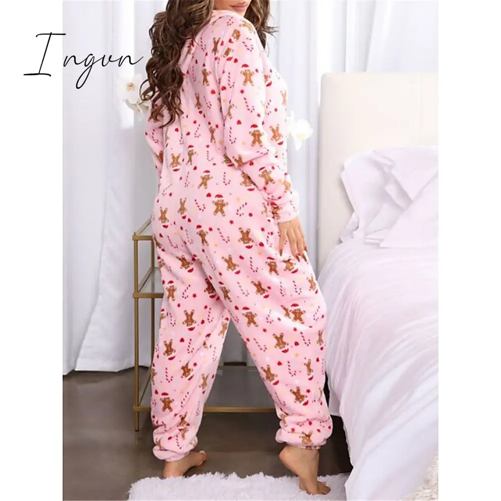 Ingvn - Women's Pajamas Jumpsuit Leopard Star Warm Comfort Plush Home Christmas Flannel Warm Breathable Hoodie Long Sleeve Pocket Fall Winter Leopard Print Moon blue