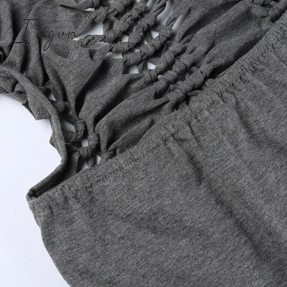 Ingvn - Dark Gray Hollow Out Mini Dress Sexy Drawstring Bandage Backless Summer Dresses for Women 2023 Birthday Party Clubwear