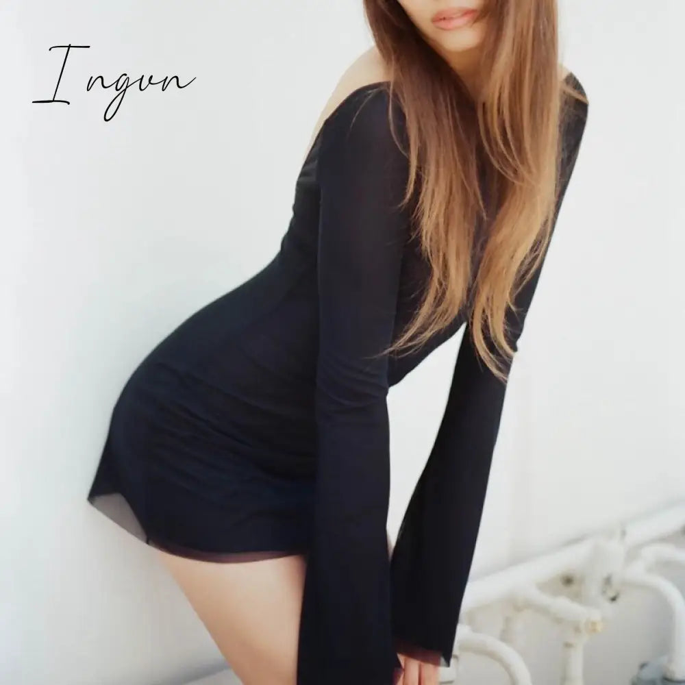 Ingvn - Women Elegant Black Mesh Mini Dress Streetwear Chic Sexy Backless Full Sleeve Dresses 90s Vintage Holiday Indie Graphic Clothing