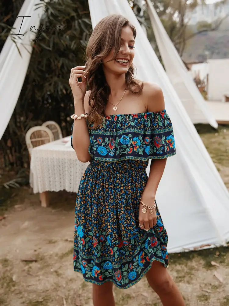 Ingvn - Bohemian Print Off-Shoulder Strapless Knee Length Dress