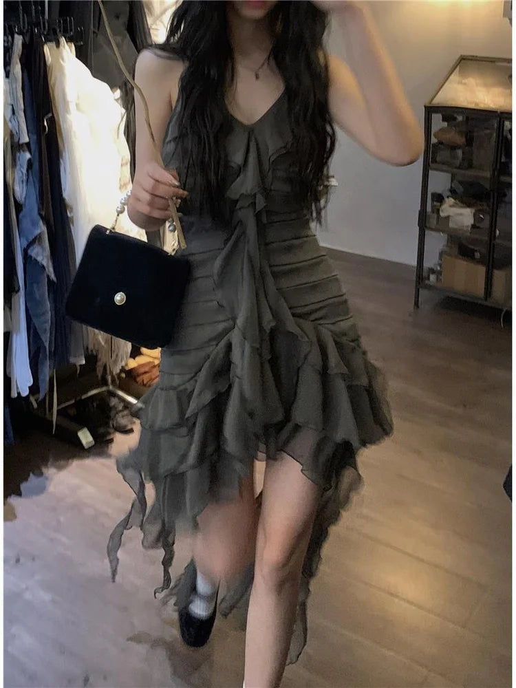 Japanese Sexy Dark Sleeveless V-neck Women Dresses Cascading Ruffles Asymmetrical Femme Robe Harajuku 2025 Summer Camisole Dress