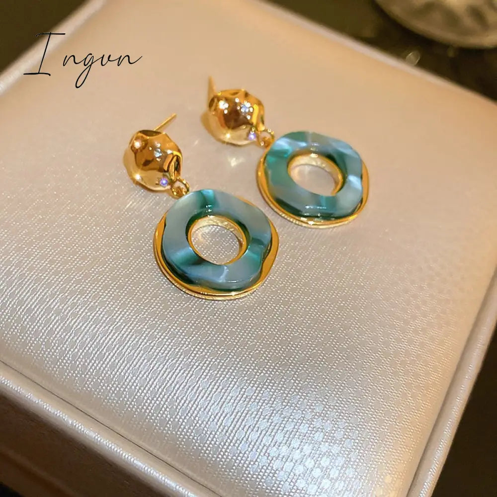 Ingvn - 2023 French Trend Fashion Round Irregular Earrings Exquisite Green White Copper 18K Gold Plated Drop Ear Studs Jewelry