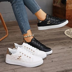 Women's Solid Color Casual Sneakers, Lace Up Platform Soft Sole Quilted Skate Shoes, Low-top Comfort White Shoes