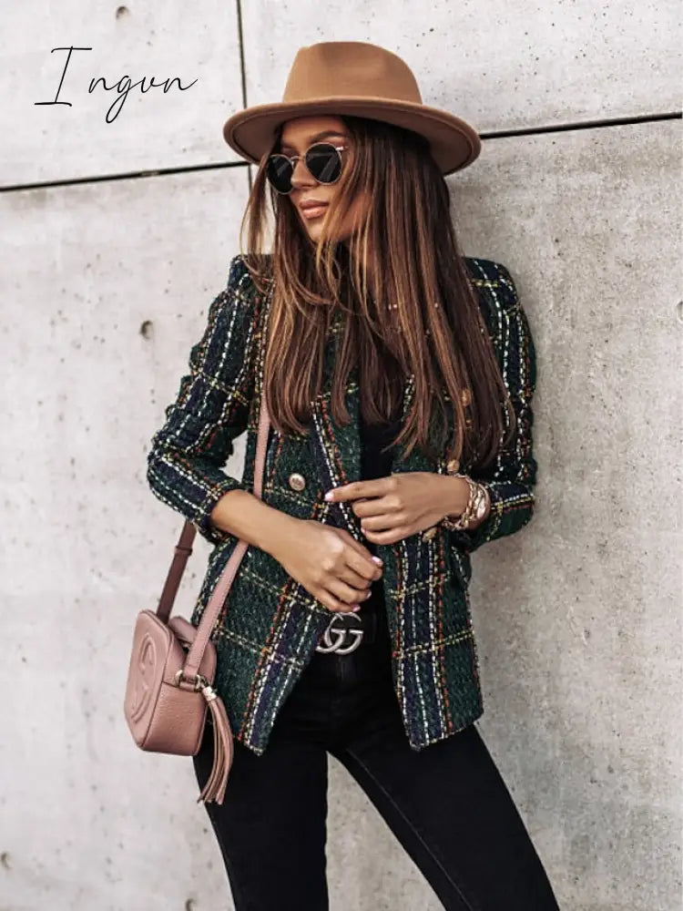 Ingvn - Women's Blazer Tweed Plaid Long Sleeve Coat Fall Winter Business Double Breasted Regular Jacket Green Brown XL 2XL 3XL