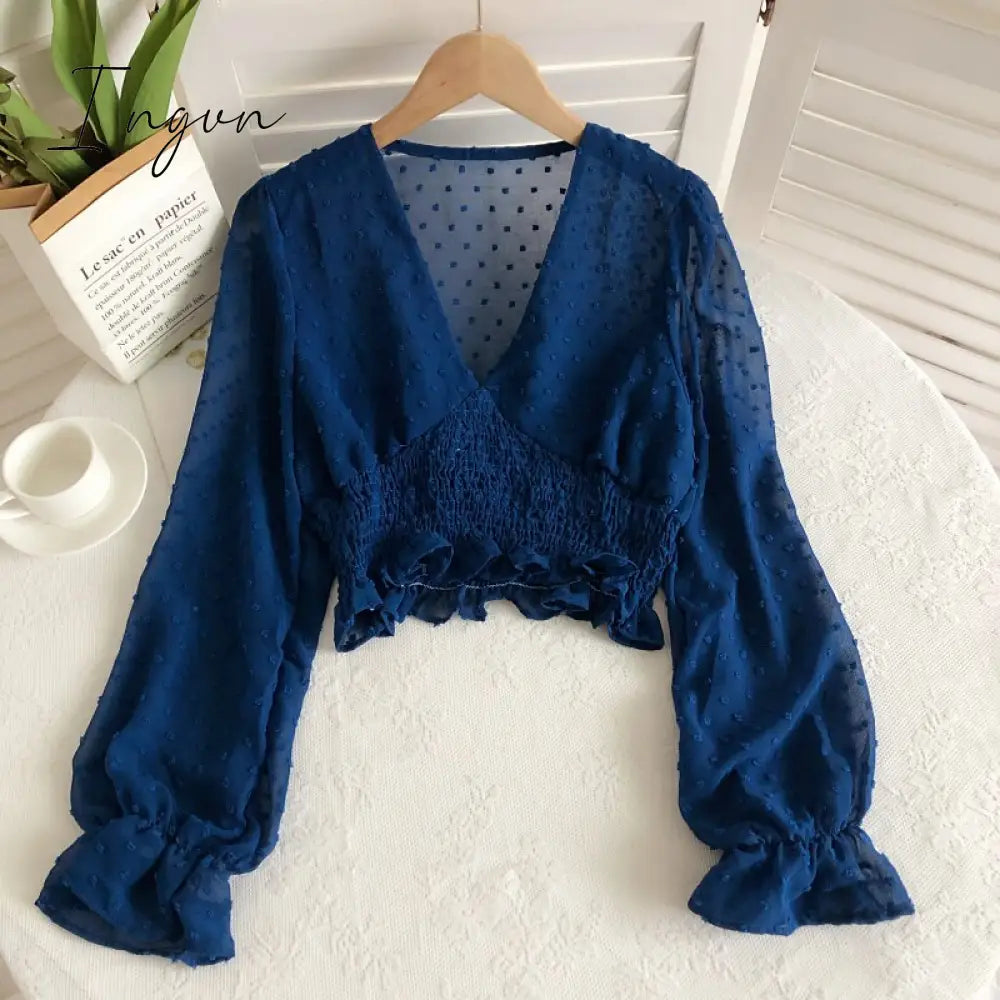 Ingvn - Women Fashion Spring Women Sweet Spot Blouse Ladies Fashion Chiffon Pullover Shirt V-neck Slim Long Puff Sleeve Folds Tunic Short Top