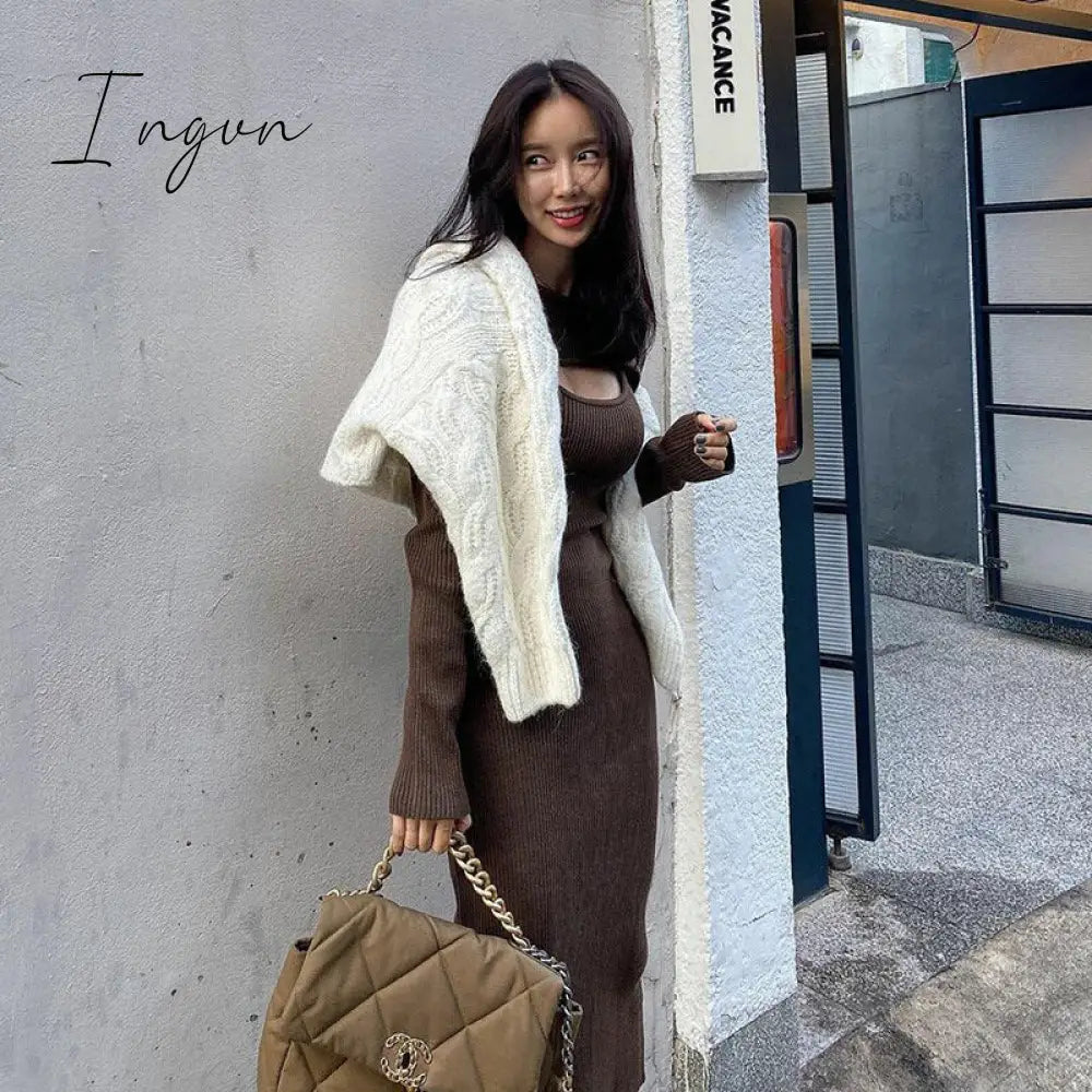 Ingvn - Knitted Women Clothing Bodycon Vintage Dresses Hollow Out Long Sleeve Slim Dress Party Streetwear Female Robe Vestidos