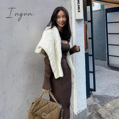 Ingvn - Knitted Women Clothing Bodycon Vintage Dresses Hollow Out Long Sleeve Slim Dress Party Streetwear Female Robe Vestidos