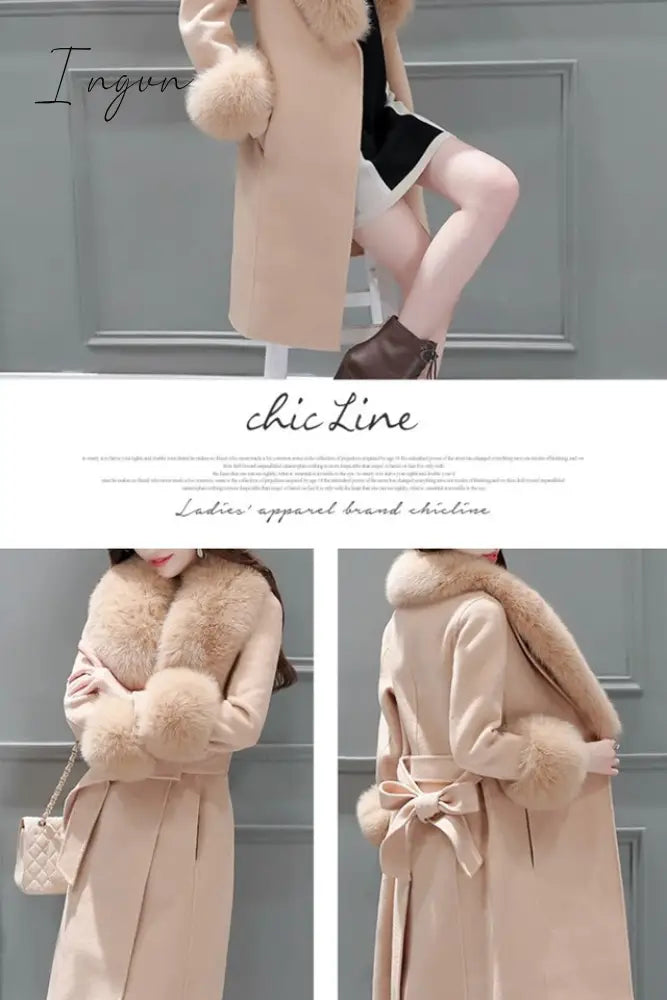 Ingvn - Fur Woolen Coat =New Women  Knee Mid-length Korean Fashion Big Fur Collar Beautiful Cloak Red Pink White Camel S To 3XL