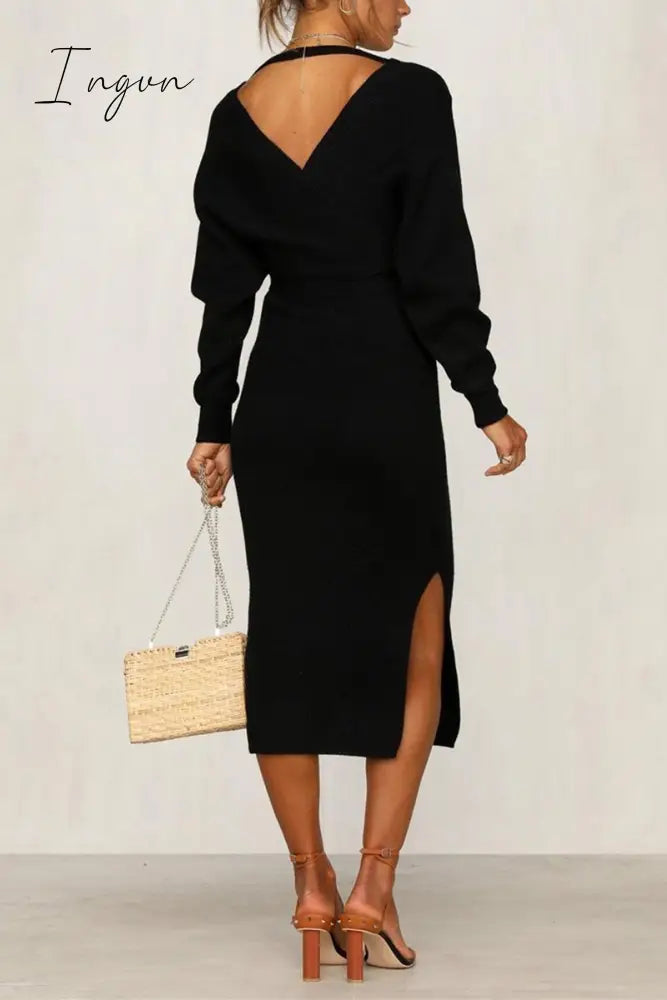 Ingvn -  V Neck Backless Sweater Dress(5 Colors)