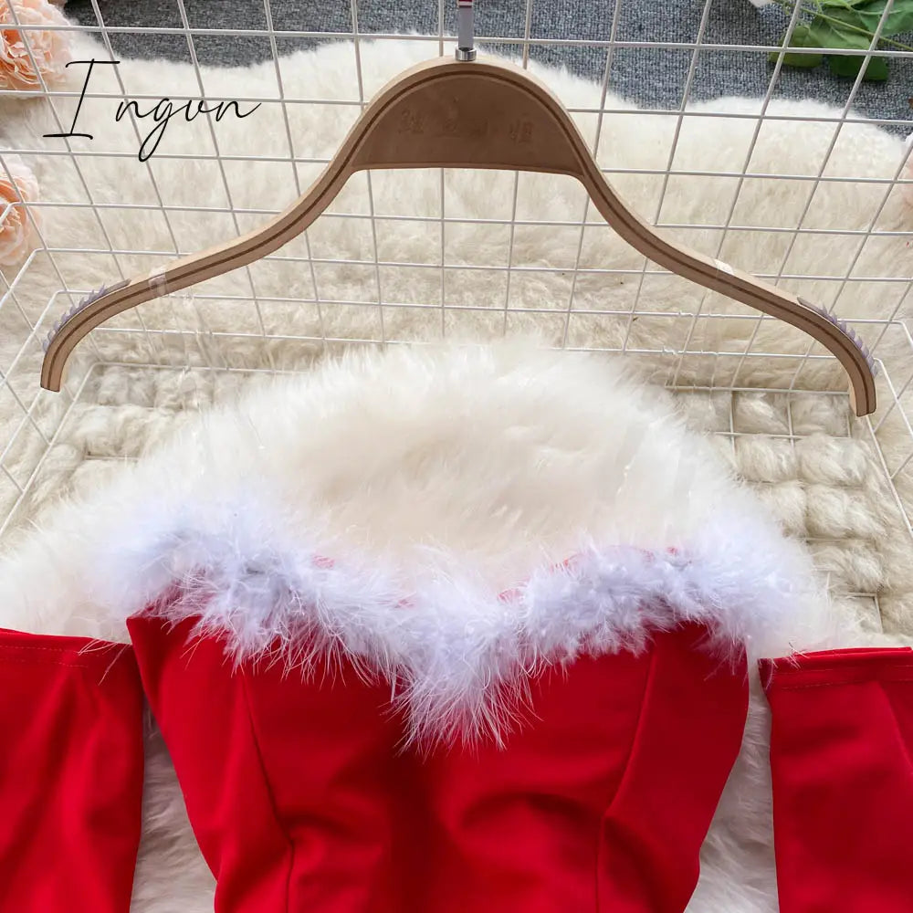 Ingvn - Gifts For Women Elegant Dress For New Year Strapless Backless Furry Sexy Short Mini Christmas Dress Navidad Red Party Dress Femme