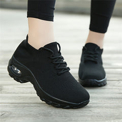 Comfortable Air Cushion Sneakers for Women - Breathable Mesh Upper, Thick Sole, Lazy Lace-Up Design, Fabric Material, Ideal for Casual Running, Sports, and Business Wear