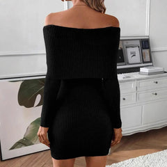 Women's New Spliced Fashionable Solid Color Slim Fit Casual Long Sleeved Knitted One-piece Collar Dress