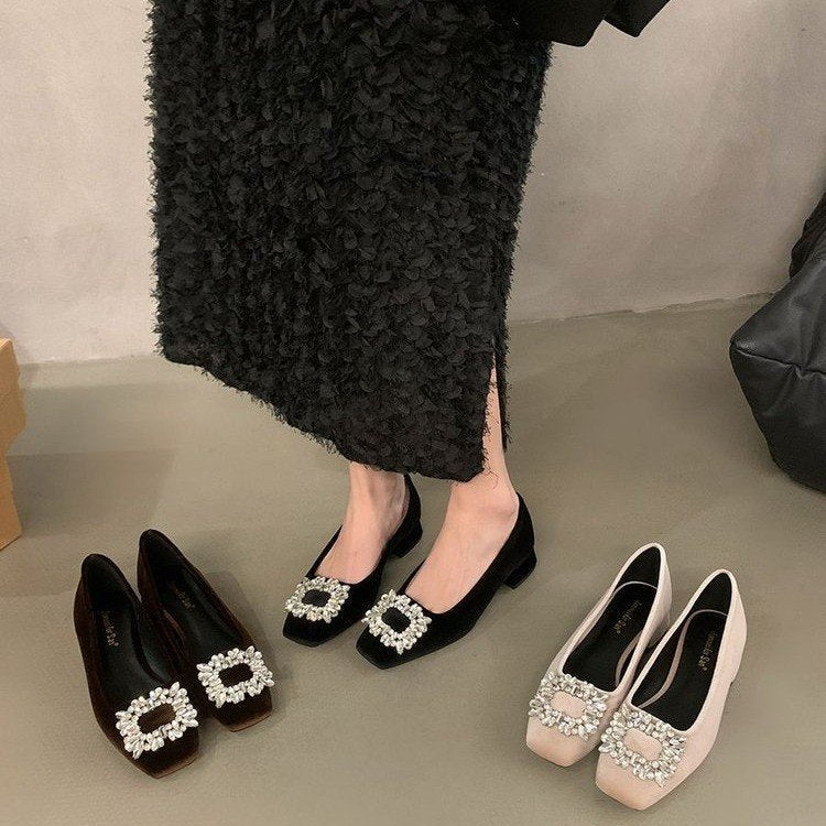 High-grade Rhinestone Shallow Mouth Shoes Women's Elegant Shallow Mouth Spring and Autumn New All-match Square-toe Flat Bean Shoes