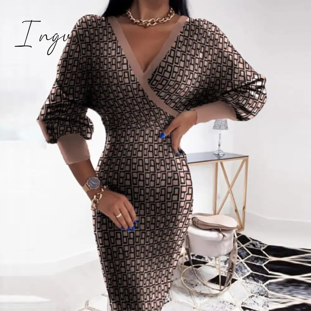Ingvn - Women Deep V-Neck Striped Plaid Party Dress Long Sleeve Spring Autumn Casual Ladies Hip Dress Skinny Sweet Streetwear Vestidos
