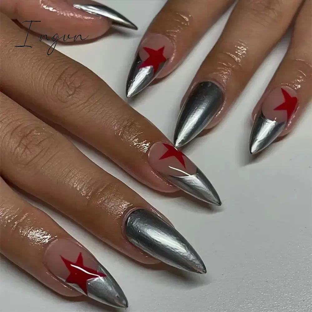 24Pcs 3D Long Almond False Nails Red Nude Ballet Stiletto Wearable Fake Nails MilkTea Color Jelly Full Cover Press On Nail Tips