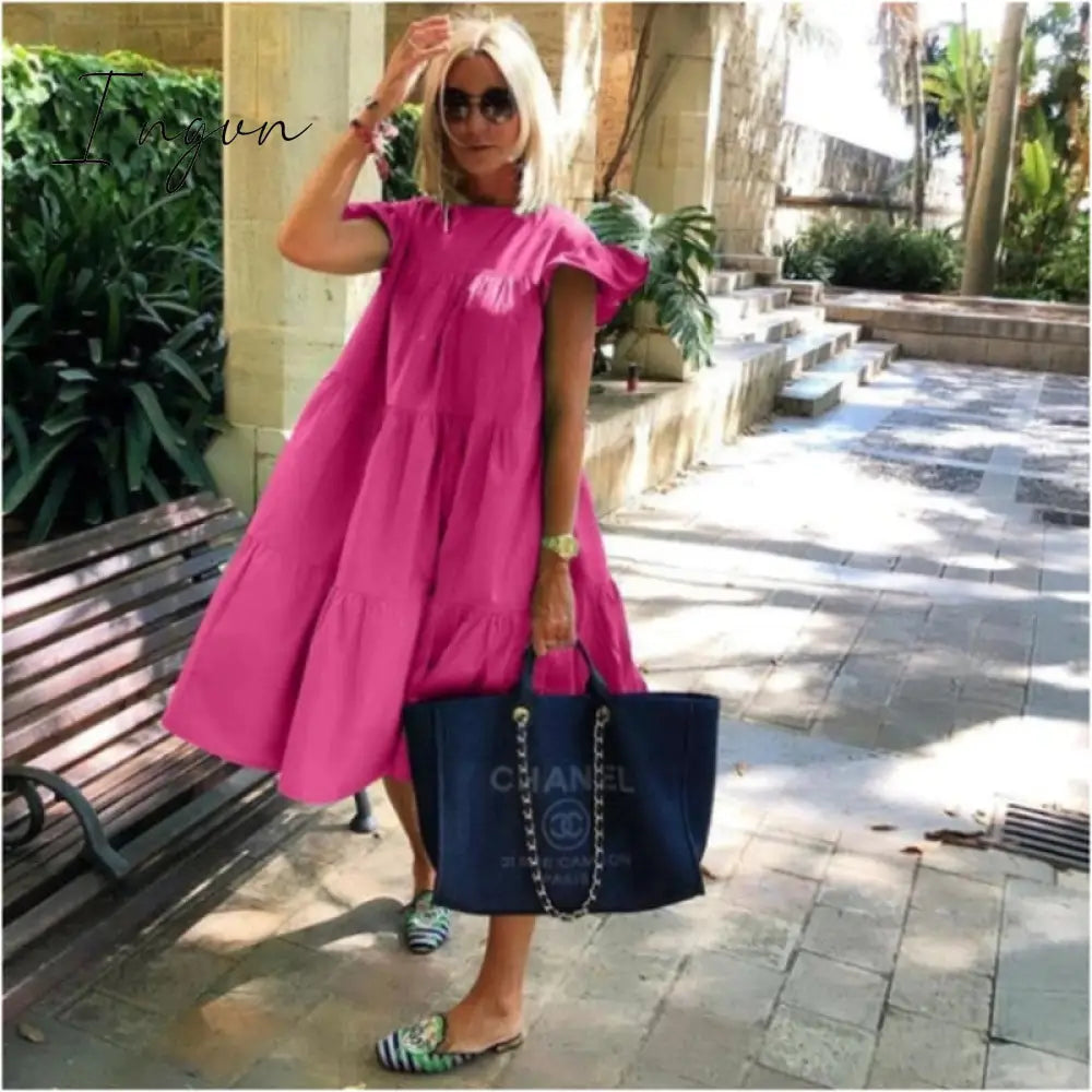 Ingvn - New Summer Solid Color Women Dress Short Sleeve Loose Chic Pleated Dress Beach Casual White Black Pink Dress Lady Vestidos