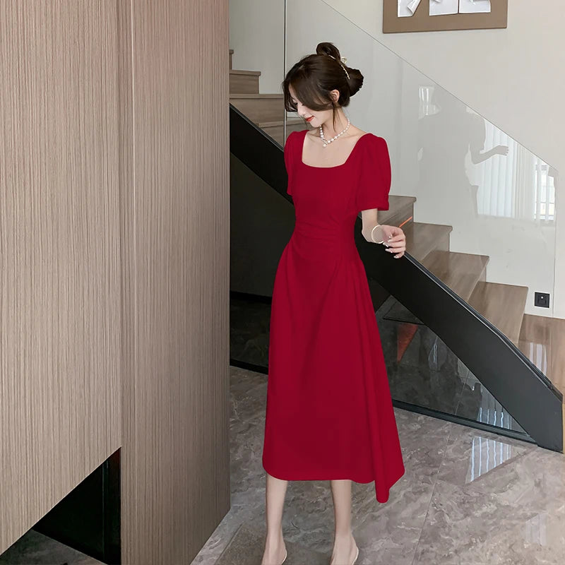 Summer New Elegant Party White Midi Dresses for Women Korean Square Collar Puff Sleeve Slim Holiday Casual Female Clothing