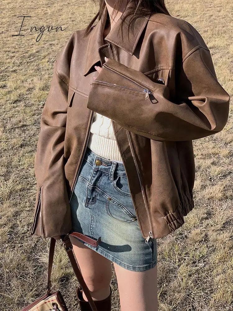 Ingvn - 2023 Autumn Vintage Leather Jackets Women Outwear Casual Long Sleeve Loose Korean Coats Office Lady Y2k Clothing Chic
