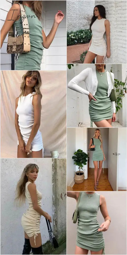 Ingvn - Cotton Ruched Drawstring Sexy Party Dress Women Sleeveless Elastic Mini Dress Vintage Summer Bodycon Club Wear Vestidos