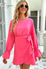 Ingvn - Round Neck Flounce Sleeve Ruffle Hem Mini Dress