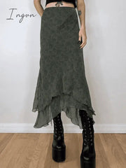 Ingvn - Irregular Floral Pattern Midi Skirt