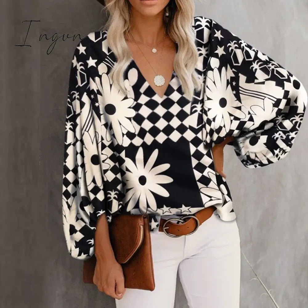 Ingvn - Summer Outfits Female Streetwear Oversized XXXL Tops Blusa Summer V Neck Long Lantern Sleeve Blouse Casual Women Printing Loose Elegant Shirts
