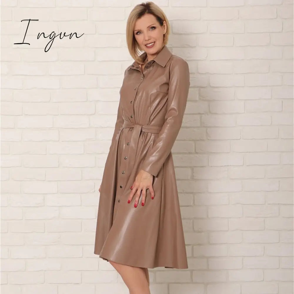Ingvn - Winter Casual Sashes Pu Leather A-Line Dresses Women Turn-down Collar Long Sleeve Solid Color Knee Dress Office Lady Wear