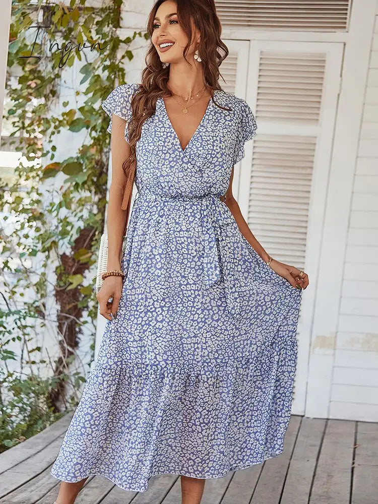 Ingvn - Ladies Vintage Print Chiffon Dress Women Casual Ruffles Long Bohemian Party Beach Summer Dress Women Sundress Female Vestidos