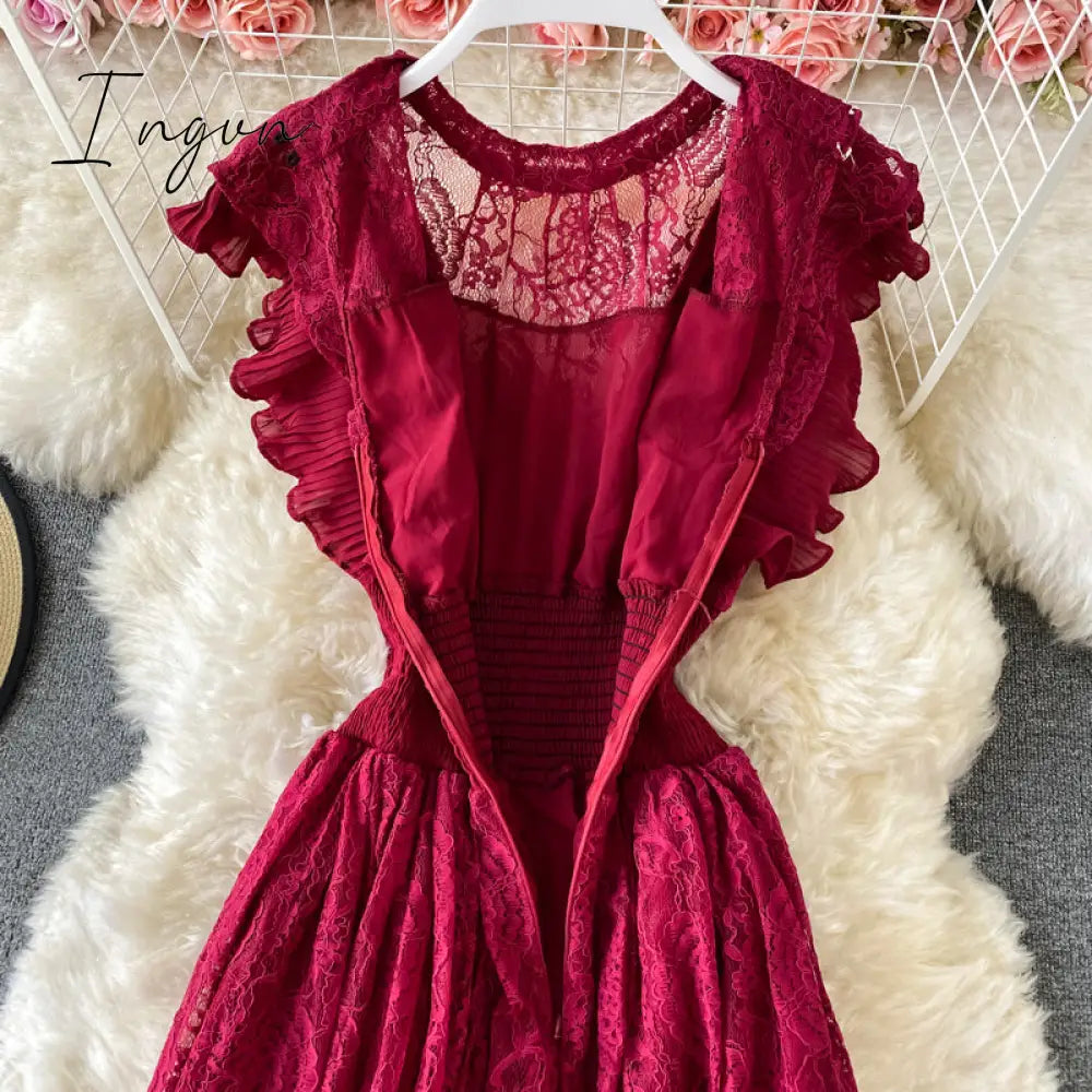 Ingvn - Vintage Purple/Green/Red Lace Midi Dress Women Sweet Round Neck Ruffle Vestidos Female High Waist Slim Robe Spring Autumn