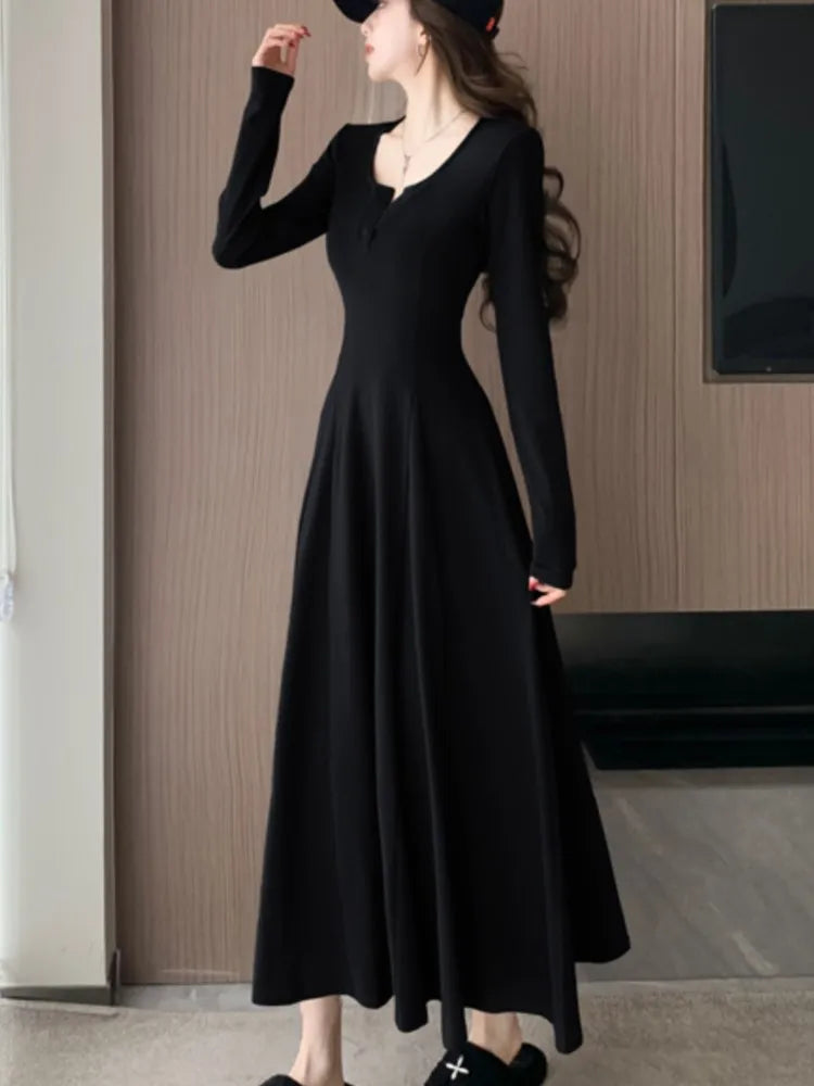 Women's Solid Maxi Dress Casual Korean Chic Long Sleeve U-Neck Slim Fit A-Line Autumn Sexy Prom Robe Vestidos Mujer New Clothes