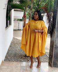 Ingvn - Women Loose Dresses O Neck Pleated Casual Fashion Large Size Ladies Female African Fashion Spring Summer New Baggy Robes