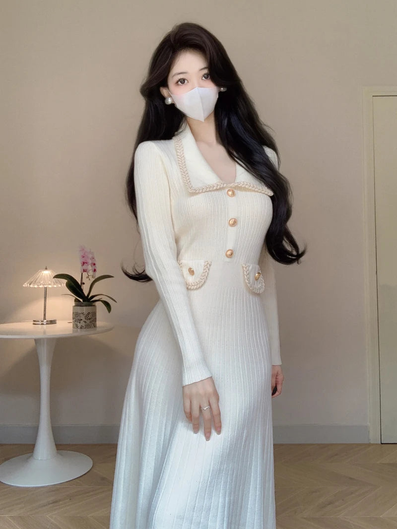 Autumn Winter Vintage Knitted Midi Dresses for Women Elegant Fashion Turn Down Collar Long Sleeves Sweater Female Clothing