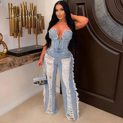Ingvn - Vintage Hole Tassel Denim Jumpsuit Women 2023 New Fashion Sexy Off The Shoulder V Neck Rivet Club Party Romper Y2K One Pieces