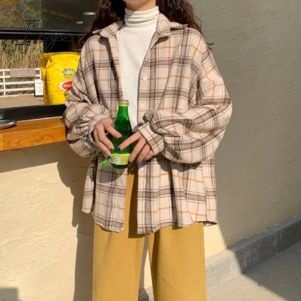Ingvn - Women Blouses Turn-down Collar Spring Shirts Plaid All-match BF Batwing-sleeve Loose Outwear Harajuku Female 4 Colors Chic New