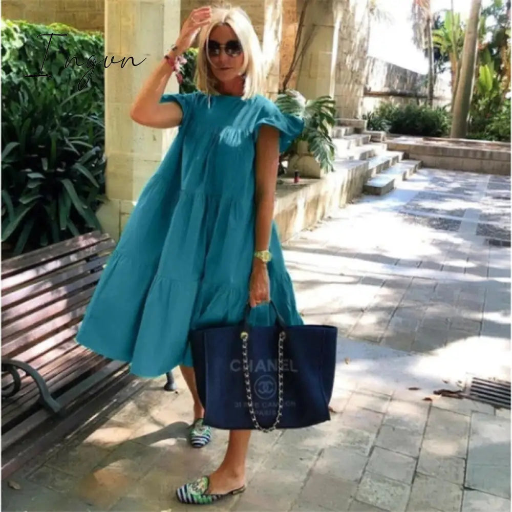 Ingvn - New Summer Solid Color Women Dress Short Sleeve Loose Chic Pleated Dress Beach Casual White Black Pink Dress Lady Vestidos