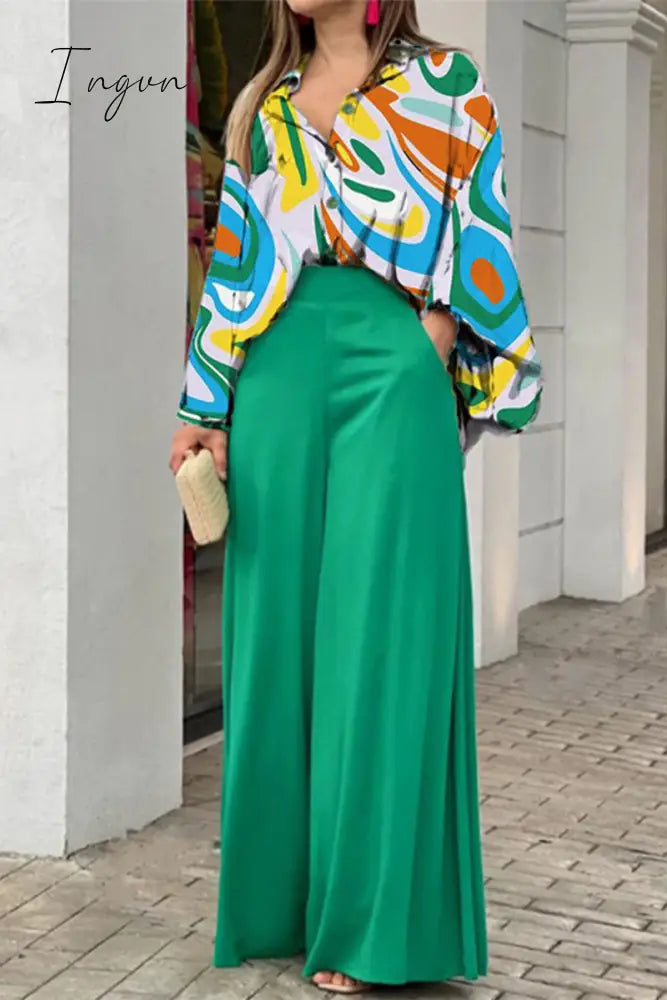 Ingvn - Elegant Floral Pocket Turndown Collar Two Pieces