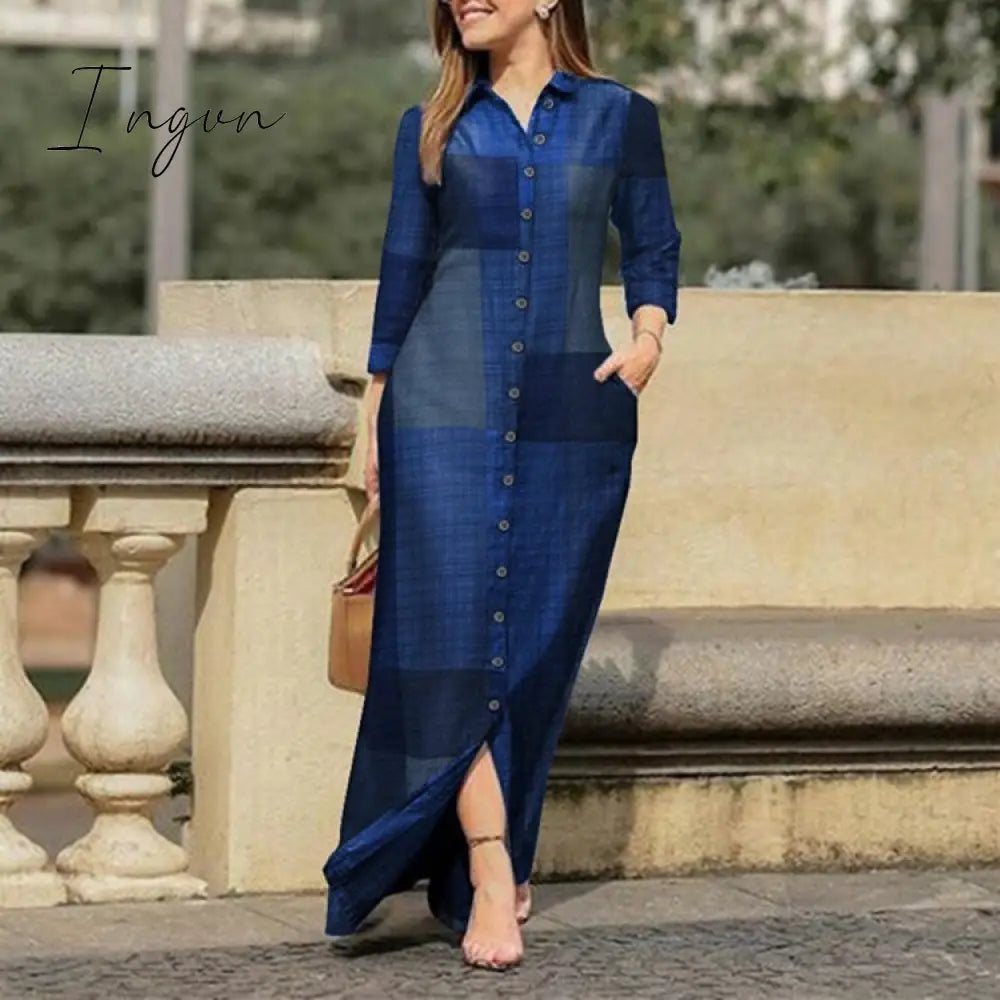 Ingvn - Fall Outfits Autumn Vintage Floral Printed Cotton Dress Women Casual Lapel Collar Button Up Dresses Bohemian Vestidos Long Robe