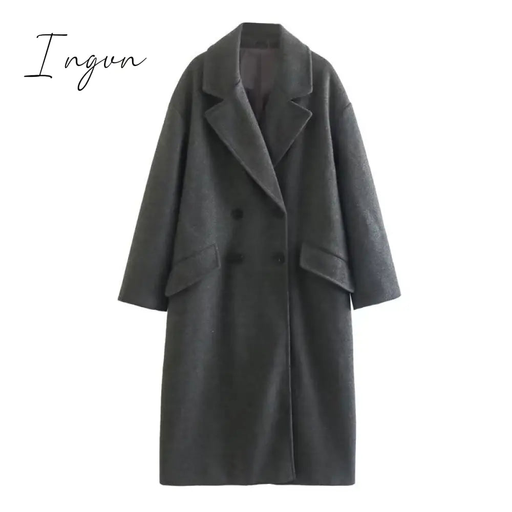 Ingvn - 2023 Trends Hot Sale Casual Autumn Women Commuter Pocket Jacket Elegant Double Breasted Straight Outerwear Fashion Lapel Solid New Long Sleeve Coats