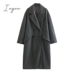 Ingvn - 2023 Trends Hot Sale Casual Autumn Women Commuter Pocket Jacket Elegant Double Breasted Straight Outerwear Fashion Lapel Solid New Long Sleeve Coats
