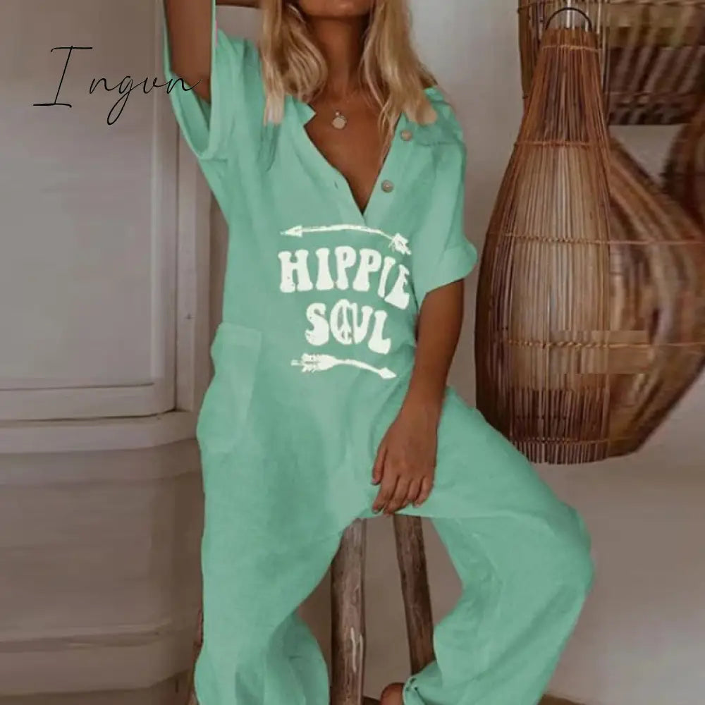 Ingvn - Summer Short Sleeve Eyelash Print Jumpsuit Casual Women Cotton Linen Playsuits V Neck Button Loose Overalls Romper Bodysuit