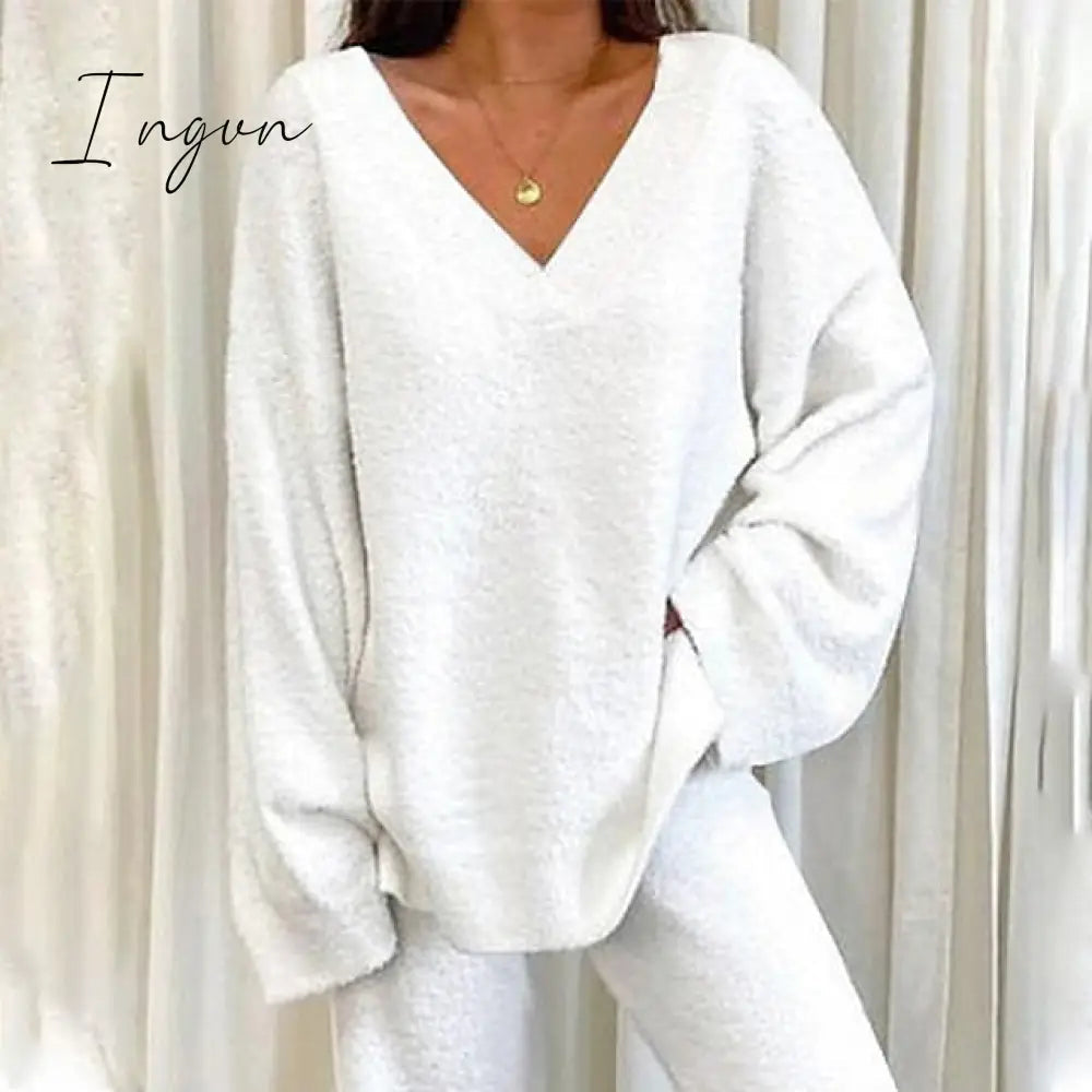 Ingvn - Women's  Lounge Sets 2 Pieces Solid Color Fleece Pajama V Neck Long Sleeve for Fall Winter White S 3XL
