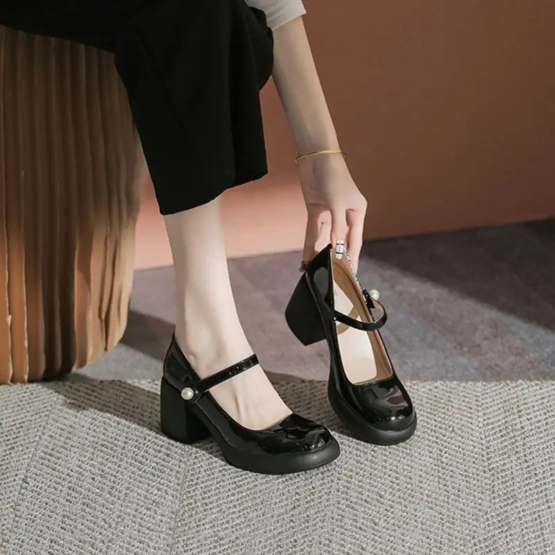 Ingvn  Shoes for Woman  with Medium Heels Gothic Women's Summer Footwear Japanese Style Lolita Pearl Round Toe Mary Jane Platform E
