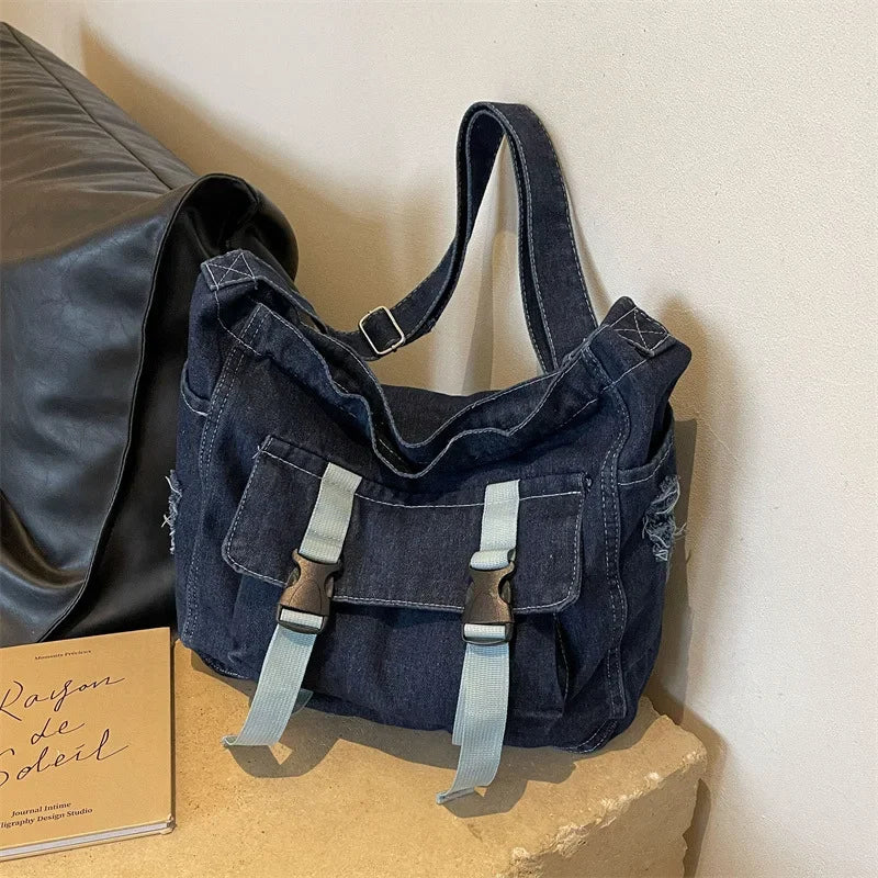 Ingvn  Large Capacity Denim Messenger Bag for Women Crossbody Bag for Students Single Shoulder Tote Bag for Class