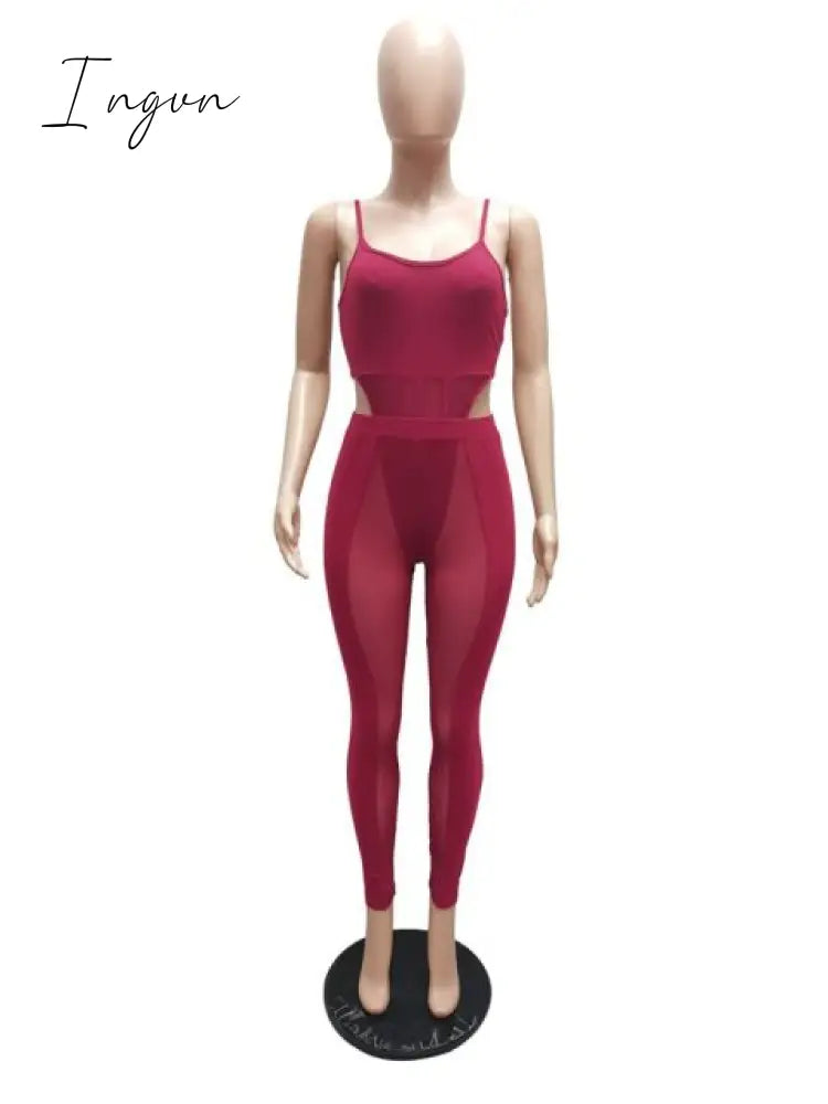 Ingvn - Sexy Mesh Sheer Spliced Two Piece Set Tracksuit Women Bodysuit Pants Summer Clothes Vacation Club Outfits Matching Sets