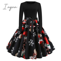 Ingvn - Winter Christmas Dresses Women 50S 60S Vintage Robe Swing Pinup Elegant Party Dress Long Sleeve Casual Plus Size Print Black