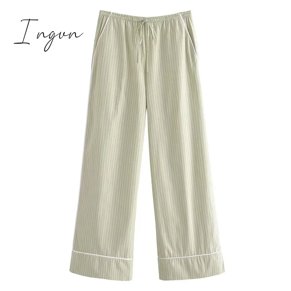 Ingvn - Fashion Striped Women's Pants 2023 Summer Wide Leg Pants Women Casual Loose Trousers Ladies Low Waist Lace Up Pant New In