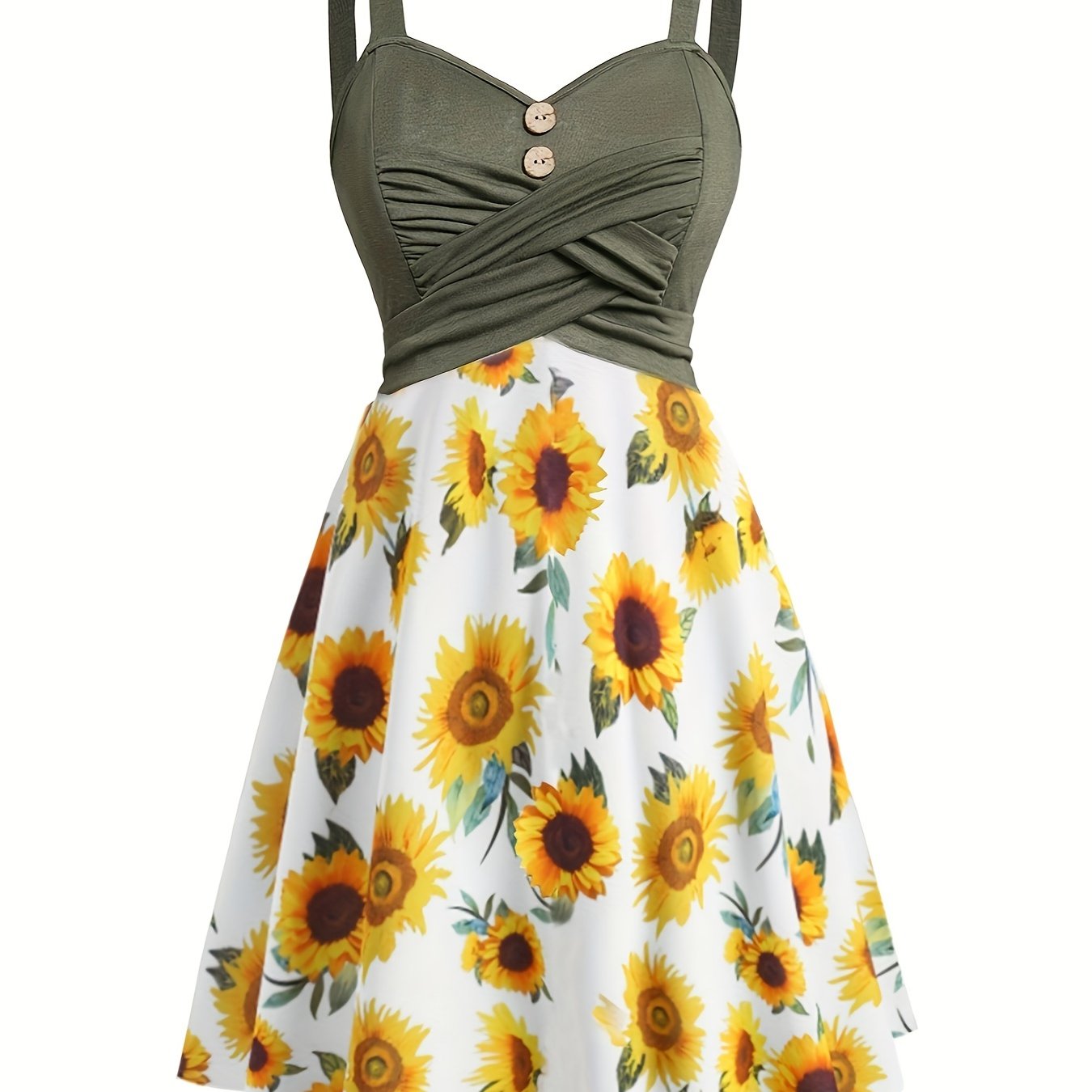 Charming Sunflower Print Patchwork Tank Dress - Vintage Button Crisscross Front - Effortlessly Stylish Sleeveless Womens Casual Wear